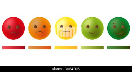 Icone felici e arrabbiate. Gamma di emozione dei colori. Gruppo facce vettoriali. Transizione con sorriso d'umore. Illustrazione Vettoriale