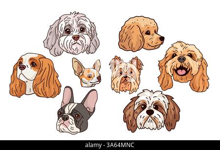 Collezione di ritratti di razze di cani simpatici volti di cane variegati di razze di cani piccoli illustrati su sfondo bianco, perfetti per disegni a tema animali Illustrazione Vettoriale