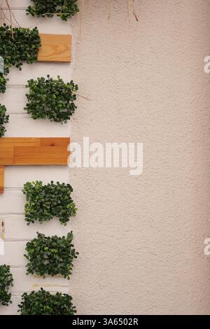 Esposizione verticale del giardino su una parete testurizzata con accenti in legno Foto Stock