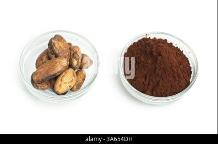 Le fave di cacao e polvere di cacao in ciotole isolato bianco Foto Stock