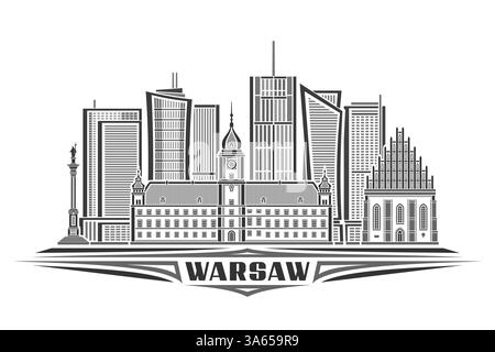 Illustrazione vettoriale di Varsavia, scheda orizzontale monocromatica con design lineare, vecchia città di varsavia, concetto di arte urbana europea con le decorazioni Illustrazione Vettoriale