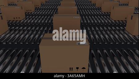 Immagine del cambiamento dei numeri e dell'elaborazione dei dati su scatole di cartone sui nastri trasportatori Foto Stock