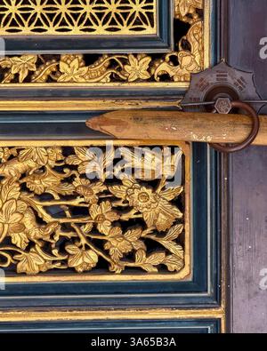 Una porta dorata splendidamente intagliata con intricati motivi floreali e geometrici, fissata con una serratura rustica in legno. Foto Stock