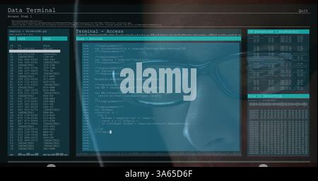 Immagine dell'elaborazione dei dati su schermi di computer su hacker maschi nel cofano Foto Stock