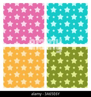 set di quattro motivi senza interruzioni con stelle ripetute su sfondi colorati. Perfetto per disegni, sfondi o carta da imballaggio per bambini. Illustrazione Vettoriale