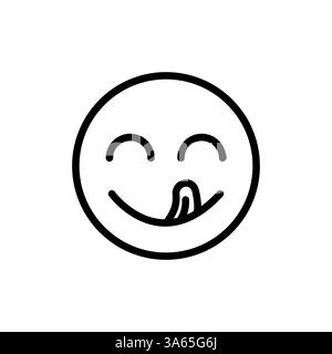 Sorriso yummy emoji con lingua lecca la bocca. Delizioso cibo gustoso simbolo per il social network. Icona linea yummy e affamata. Gustoso gourmet. Gusta un cartello con su scritto Illustrazione Vettoriale