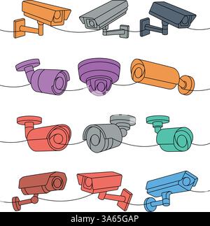 Telecamere di sicurezza con disegno continuo a una linea colorata. Sistema di protezione domestica di sicurezza. Illustrazione vettoriale. Illustrazione Vettoriale