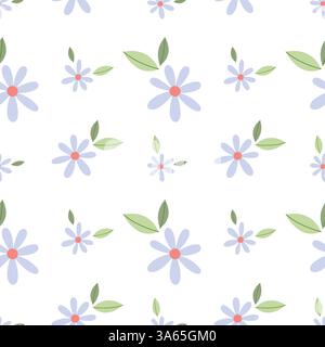 Affascinante motivo primaverile senza cuciture. Illustrazione floreale blu disegnata a mano con foglie verdi su sfondo bianco. Perfetto per i tessuti Illustrazione Vettoriale