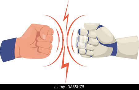 Lotta competitiva tra robot e umani. Rivalità e confronto. L'intelligenza artificiale lotta contro le persone. Pugni che colpiscono. Macchina robotizzata Illustrazione Vettoriale