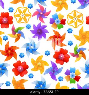 Ruote dentate a colori motivo senza cuciture. Cartoni animati mulini a vento giocattoli. Stampa ripetuta. Origami rotondi. Eliche di carta estive per bambini. Tifosi a rotazione durante le festività Illustrazione Vettoriale