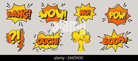 Set di esclamazioni in stile fumetto: Bang, wow, no, pow, ouch e boom. Bolle gialle luminose con ombre a punti mezzitoni e contorni neri. Elementi di design pop art a fumetti retrò, adesivi Illustrazione Vettoriale