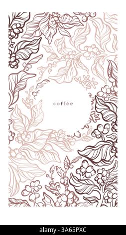 Pianta del caffè. Ramo grafico vettoriale, foglie, fagioli. Delinea la foresta tropicale di erbe su sfondo bianco, schizzo vintage. Bevanda organica aromatica Illustrazione Vettoriale