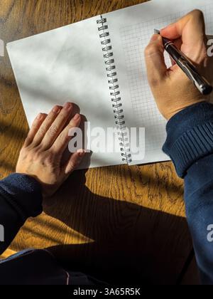 Primo piano delle mani per scrivere UN'IDEA su un notebook su una scrivania di legno alla luce del sole. Foto di alta qualità Foto Stock