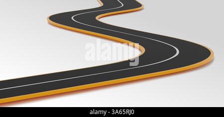 Percorso autostradale curvo 3D con superficie in asfalto nera, segnaletica stradale gialla e striscia bianca di divisione su sfondo chiaro. Elementi di design minimalista per il trasporto per progetti infografici. Illustrazione Vettoriale