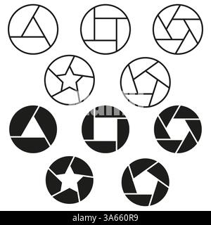 Icone di apertura della telecamera. Cerchi di stelle fotografiche. Forme nere audaci. Simbolo otturatore vettoriale. Illustrazione Vettoriale