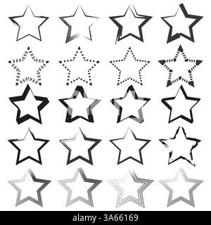 Icone decorative a stella. Varie forme di contorno. Raccolta vettoriale celeste. Semplici forme cosmiche. Illustrazione Vettoriale