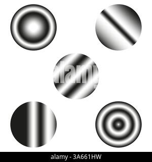 Cerchi di gradiente astratti. Effetto luce ottica. Bianco e nero brillante. Design geometrico futuristico. Illustrazione Vettoriale