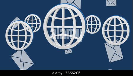 Icone e buste digitali fluttuanti che rappresentano la rete di comunicazione globale Foto Stock