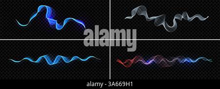 Forma d'onda luminosa luminosa con curve blu neon e ciano su sfondo trasparente. Frequenza audio astratta, segnale visivo high-tech. Energia dinamica Illustrazione Vettoriale