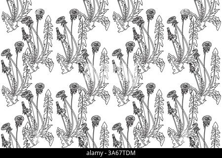 Motivo floreale line art senza cuciture con illustrazione vettoriale dei leoni. Contorno nero che ripete il motivo vegetale su sfondo bianco. Des. Grafico Illustrazione Vettoriale