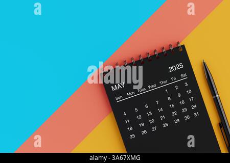 Black Flip Calendario aziendale mensile maggio 2025 con penna nera su sfondo giallo, blu e arancione. Rendering 3d. Foto Stock