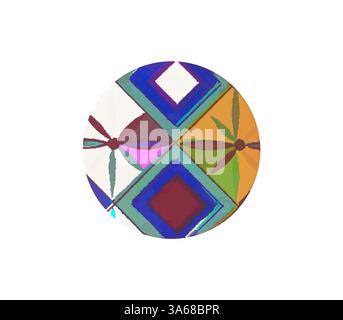 Un design circolare caratterizzato da una serie di vivaci motivi geometrici, che combinano colori audaci come il blu, il verde e il rosa con forme intricate, tra cui diamanti e stelle. Arte classica con un tocco moderno reinventata da Artotop, trasformata in ornamento egiziano Foto Stock