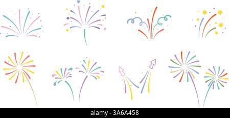 Set di fuochi d'artificio colorati. Luci esplosive di colori diversi con scintille. Esplosioni di cielo festivo, clip art. Grafica vettoriale Illustrazione Vettoriale