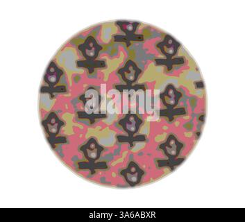 Un design circolare caratterizzato da un pattern ripetuto di figure stilizzate, circondato da una miscela astratta di colori tenui, che crea un effetto visivo giocoso ma sofisticato. Arte classica con un tocco moderno reinventata da Artotop, tessuti francesi trasformati, prima metà del diciannovesimo secolo Foto Stock