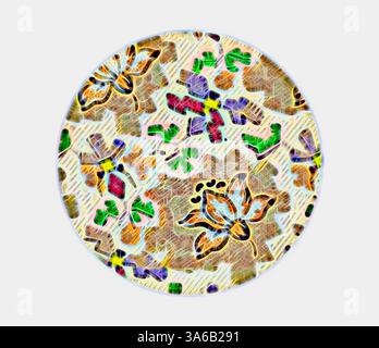 Un design circolare caratterizzato da intricati motivi floreali in tonalità vivaci, che fondono forme delicate e colori vivaci per creare una composizione esteticamente piacevole. Arte classica con un tocco moderno reinventata da Artotop, tessuti francesi trasformati, prima metà del diciannovesimo secolo Foto Stock