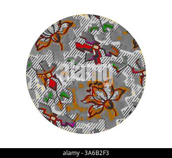 Design circolare con motivo floreale intrecciato a forme geometriche che mostrano colori vivaci su sfondo grigio. La disposizione dei fiori e degli elementi astratti crea un'estetica vivace ma sofisticata. Arte classica con un tocco moderno reinventata da Artotop, tessuti francesi trasformati, prima metà del diciannovesimo secolo Foto Stock