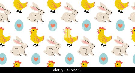 Fantasia divertente e colorata con conigli, pulcini e uova di Pasqua per un arredamento natalizio Illustrazione Vettoriale