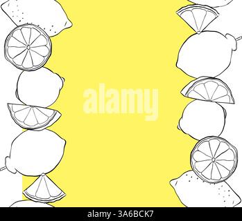Limoni frutta citrica intere e fettine bordo orizzontale senza cuciture. Illustrazione a colori in bianco e nero con inchiostro vettoriale disegnato a mano. Ideale Illustrazione Vettoriale