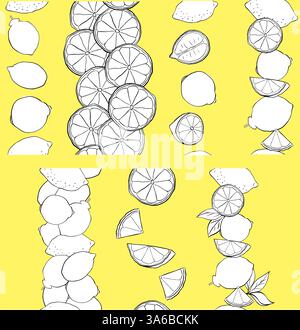 Set di bordi senza cuciture bianco e nero limone. Motivo di inchiostro con linee grafiche vettoriali verticali. illustrazione per confezione, design cucina, tessuto e tessuto. Illustrazione Vettoriale