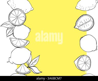 Limoni interi, tagliano e lasciano uno sfondo orizzontale senza bordi. Illustrazione dell'inchiostro con linee grafiche vettoriali in bianco e nero. Poster di esempio, parte Illustrazione Vettoriale