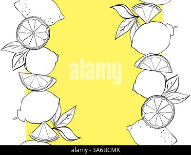 Limoni interi, fette e foglie sfondo verticale senza bordi. Illustrazione dell'inchiostro con linee grafiche in bianco e nero vettoriali. Esempio di poster, festa Illustrazione Vettoriale