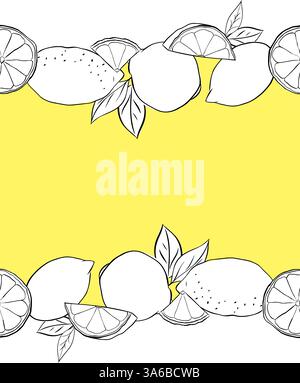 Limoni interi, tagliano e lasciano uno sfondo orizzontale senza bordi. Illustrazione dell'inchiostro con linee grafiche vettoriali in bianco e nero. Poster di esempio, parte Illustrazione Vettoriale