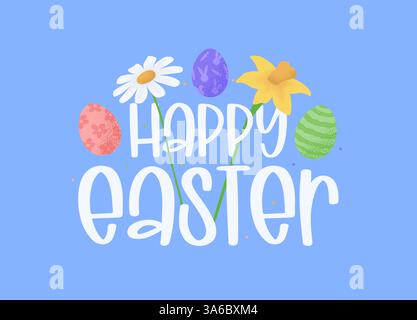Buona Pasqua scritta colorata. Buona Pasqua, uovo, fiori primaverili e simboli vettoriali dell'erba, logo, distintivi e scritte su sfondo blu. Illustrazione Vettoriale