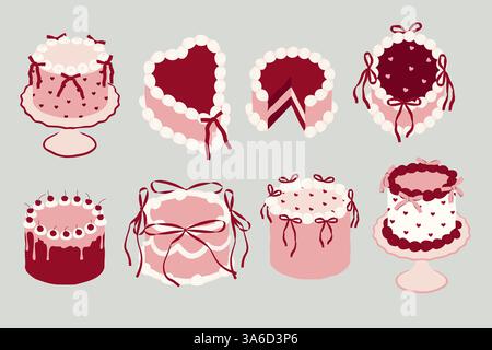Set di torte di compleanno in stile Coquette. Illustrazione vettoriale disegnata a mano Illustrazione Vettoriale