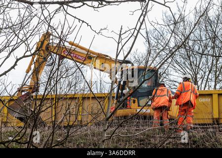 Windsor, Regno Unito. 22 marzo 2025. Gli ingegneri ferroviari effettuano lavori di ristrutturazione dei binari che comportano la rimozione di vecchie rotaie e traverse e l'installazione di oltre 700 metri di nuova pista sul vicino ponte ferroviario Black Potts, risalente a 174 anni fa. I servizi della South Western Railway (SWR) non saranno disponibili tra Windsor e Staines durante i lavori che dovrebbero durare per una settimana. Crediti: Mark Kerrison/Alamy Live News Foto Stock
