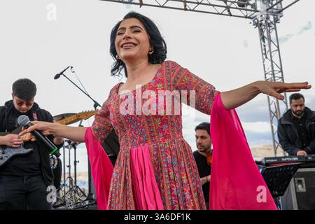 L'artista curda Rojda intrattiene migliaia di persone durante l'evento. Decine di migliaia di persone si sono riunite nel distretto di Cizre per celebrare Newroz nota anche come Noruz o Nevruz che segna il nuovo anno secondo il calendario persiano. Milioni di persone in tutto il Medio Oriente, l'Asia e l'Europa orientale stanno celebrando il festival Newroz, che significa l'arrivo della primavera. Nel 1992, decine di persone sono state uccise durante le celebrazioni di Newroz. Foto Stock