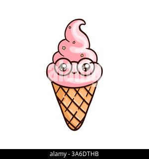 Cono da gelato Kawaii con gelato rosa, con bicchieri rotondi. Il cono è a forma di cialde e il gelato ha piccoli spruzzi di stelle. Carino vettore Illustrazione Vettoriale