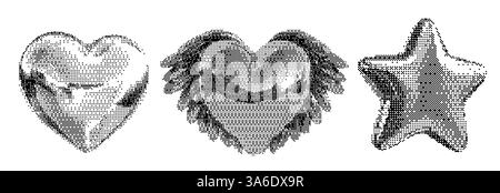 Set cuore bitmap grunge con texture cromate e mezzitoni. Estetica Y2K retrò con stelle cosmiche, adesivi vettoriali vintage in stile tatuaggio e glitch Illustrazione Vettoriale