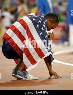 23 agosto 2008 - Bryan Clay degli Stati Uniti celebra la vittoria dell'oro nel decathlon venerdì 22 agosto 2008 ai Giochi della XXIX Olimpiade di Pechino, Cina. (Erich Schlegel/Dallas Morning News/MCT (immagine di credito: © Erich Schlegel/MCT/ZUMAPRESS.com) Foto Stock