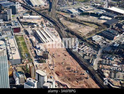 Vista aerea dell'HS2 Works presso il Birmingham City Centre, West Midlands, Regno Unito Foto Stock