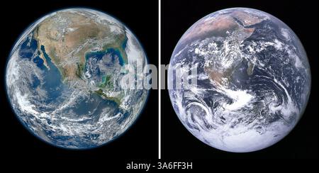 24 gennaio 2012 - Berlino, Germania - Un'immagine combinata mostra due vedute della terra, pubblicata dall'agenzia spaziale americana NASA. La foto a sinistra risale al 04 gennaio 2012, quella a destra del 1972. ..foto: NASA/NOAA/GSFC/Suomi NPP/VIIRS/Norman Kuring (immagine di credito: © NASA/ZUMAPRESS.com) Foto Stock