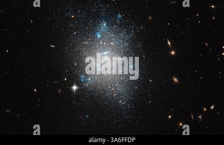 11 gennaio 2013 - la costellazione dell'Orsa maggiore (il grande Orso) ospita Messier 101, la Galassia Pinwheel. Una delle galassie a spirale più grandi e luminose del cielo notturno, Messier 101 è anche il soggetto di una delle immagini più famose di Hubble (heic0602). Come la via Lattea, Messier 101 non è solo, con galassie nane più piccole nelle vicinanze. NGC 5477, una di queste galassie nane nel gruppo Messier 101, è il soggetto di questa immagine del NASA/ESA Hubble Space Telescope. Senza una struttura ovvia, ma con segni visibili di nascita stellare in corso, NGC 5477 sembra molto simile a un'ar Foto Stock