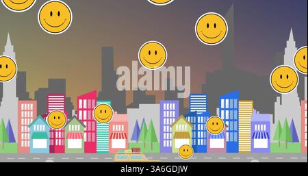 Immagine di più icone emoji sorridenti che fluttuano su un paesaggio urbano in movimento. Concetto di social networking online globale immagine generata digitalmente. Foto Stock
