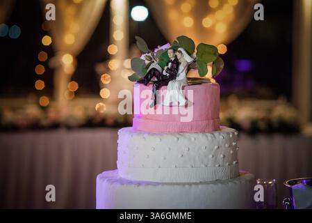 Torta nuziale durante un ricevimento nuziale Foto Stock