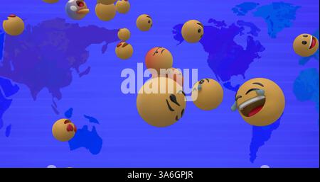 Immagine di icone emoji che volano sulla mappa del mondo. connessioni globali e concetto tecnologico immagine generata digitalmente. Foto Stock