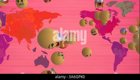 Immagine di icone emoji che volano sulla mappa del mondo. connessioni globali e concetto tecnologico immagine generata digitalmente. Foto Stock